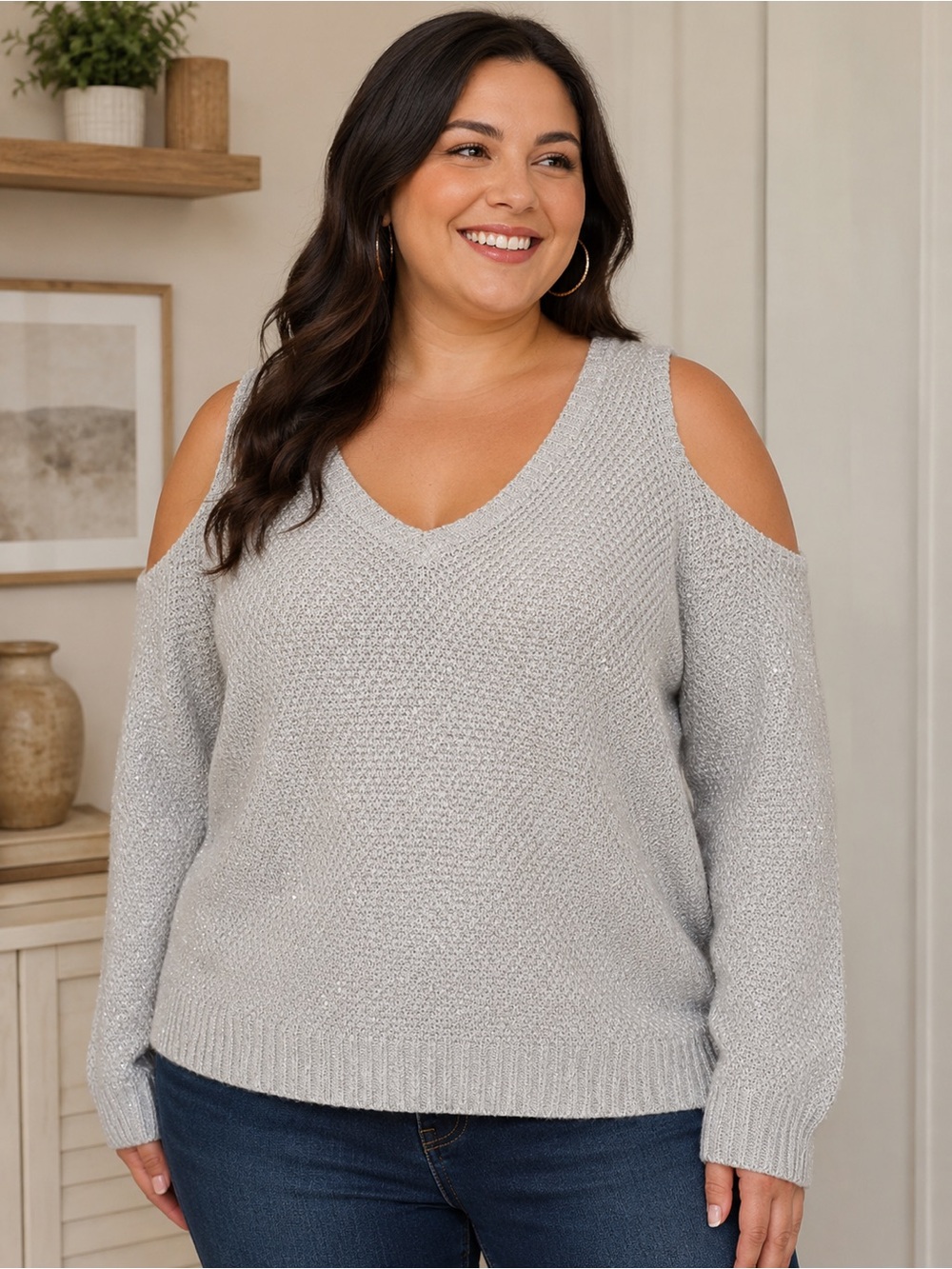 Cold-Shoulder V-Neck Sweater - Light Gray